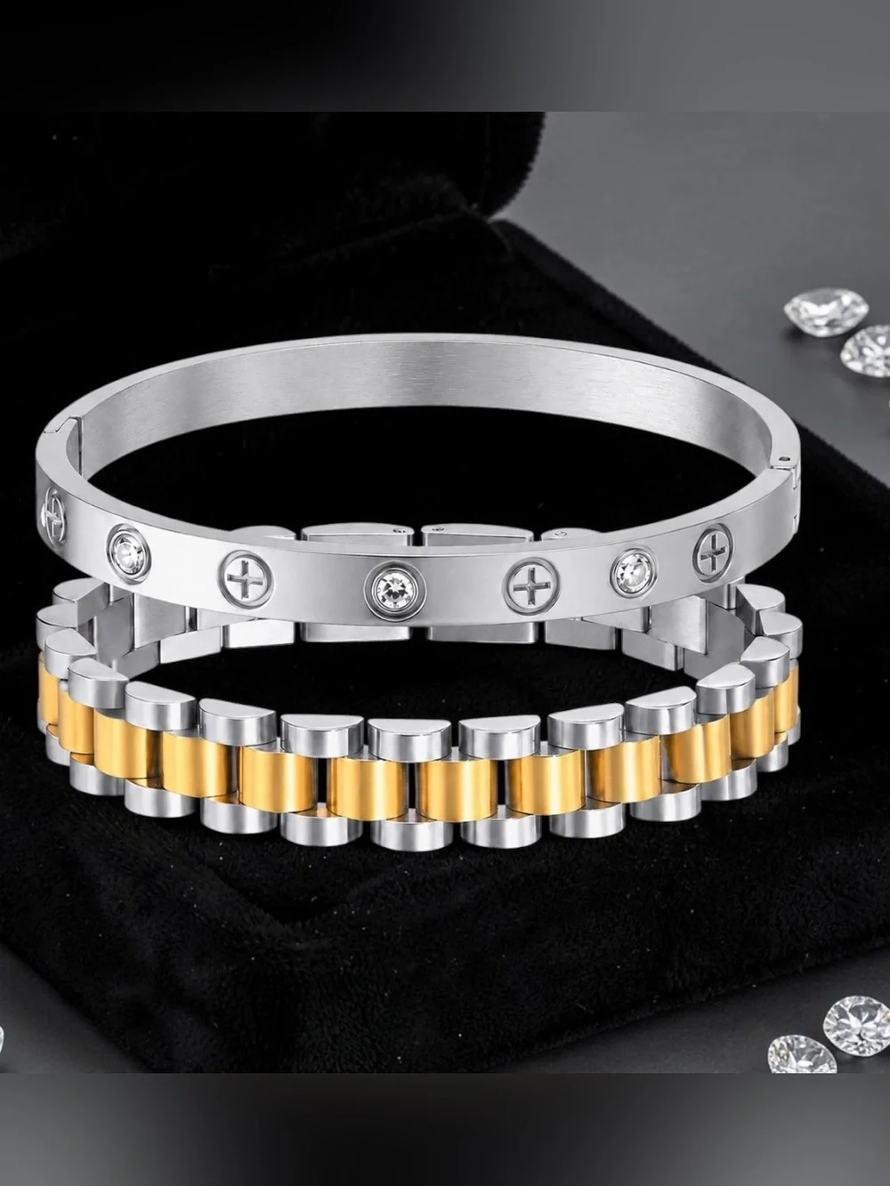 2-Piece Luxury Inspired Stainless Steel Bracelet Set Silver CZ Bangle 🩶🧡